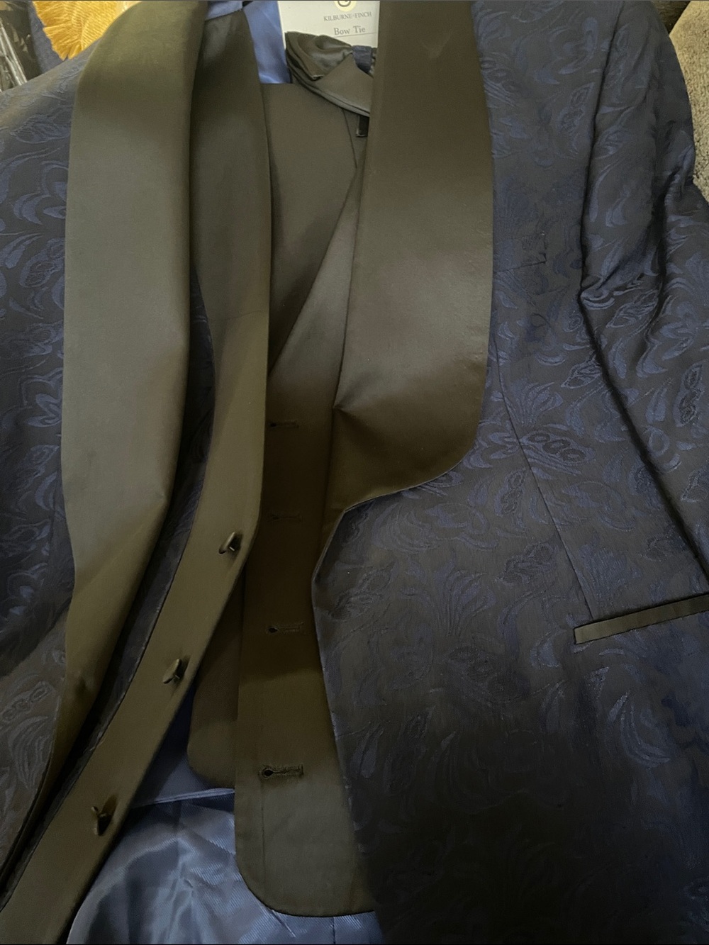 Navy Floral Jacquard Tuxedo Jacket with Black Satin Shawl Lapel